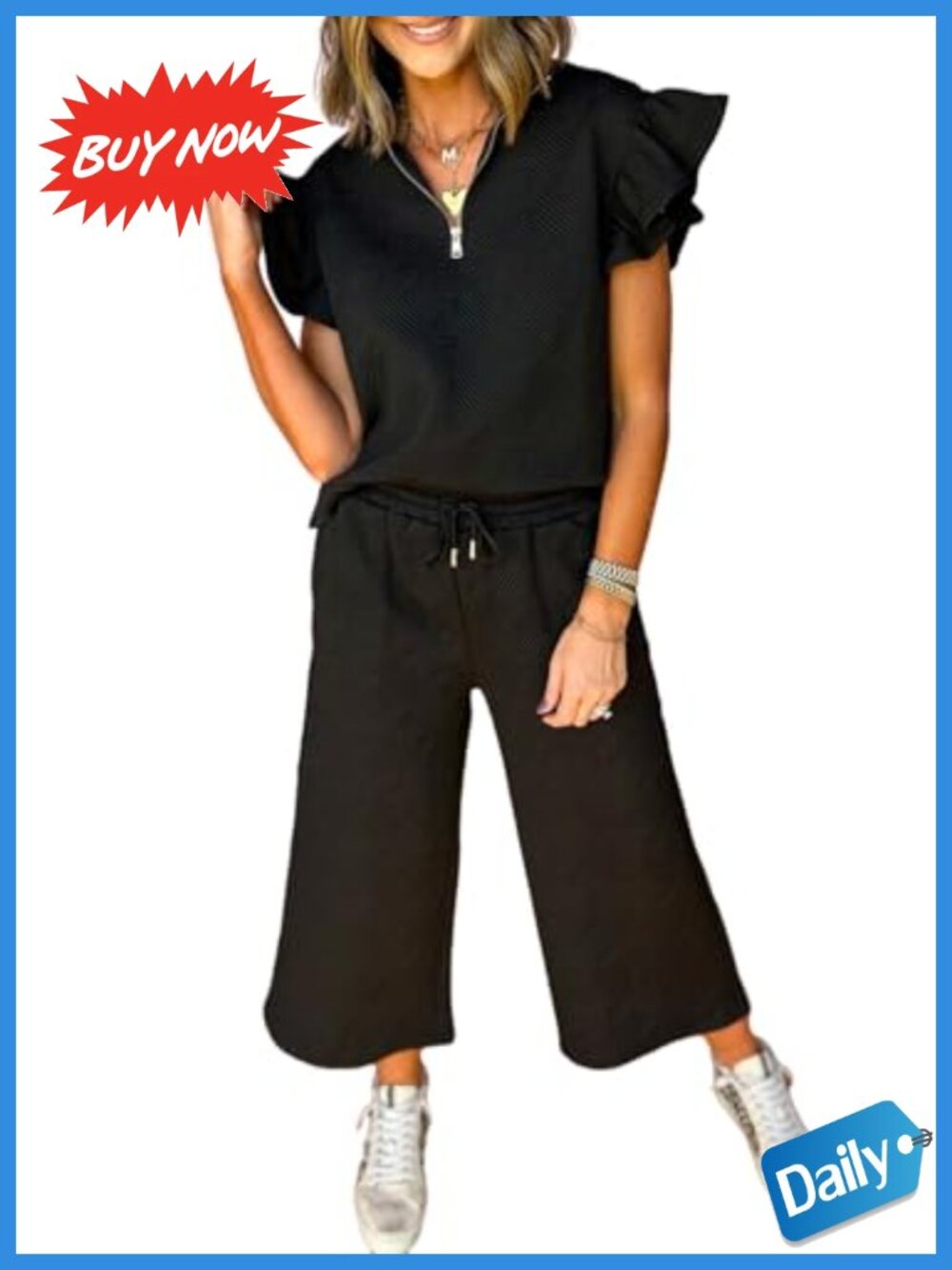 SHEWIN 2 Piece Lounge Set Ruffle Short Sleeve Polo & Pants